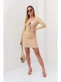 Beige ribbed dress with ruffles FG596 - Online store - Boutique